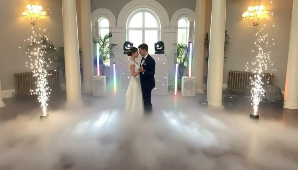Bride and groom Dancing on clouds sparks