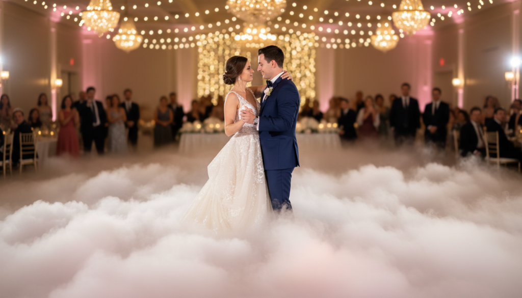 Bride and groom dancing on clouds during first dance